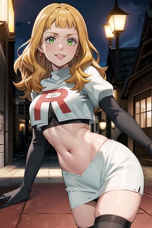 (best quality), (highly detailed), masterpiece, (official art), mimosa vermillion, orange hair, green eyes, red earrings, posing, lips, evil smile, smug, naughty_face ,Team Rocket, cropped jacket, white jacket, crop top, jacket, gloves, black gloves, elbow gloves, navel, midriff, white skirt, miniskirt, skirt, thighhighs,, looking at viewer, china, asiática, city, night, sky, (intricately detailed, hyperdetailed), blurry background,depth of field, best quality, masterpiece, intricate details, tonemapping, sharp focus, hyper detailed, trending on Artstation,1 girl, high res, official art