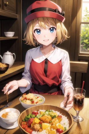 ((best quality)),  ((highly detailed)),  masterpiece,  ((official art)),  ((serena)), 1girl, solo, orange hair, blue eyes, blonde hair, short hair, bangs:, hat, ((red headwear)), looking at viewer,serious, smiling, siting, behind table, interior of a cozy kitchen, table full of food, fish, rice,extreme detail, masterpiece, beautiful quality,