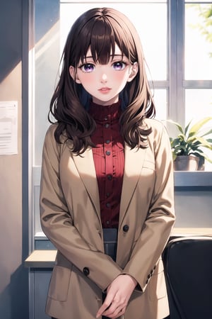 ((best quality)), ((highly detailed)), masterpiece, ((official art)), yuki itose, long hair, bangs, ((brown hair, black hair)), (purple eyes:1.1), blunt bangs, (wavy hair),
BREAK jacket, sweater, lips, red shirt,
BREAK indoors,
BREAK looking at viewer,  (office:1.3), (window, indoors, plant), (lips:),, solo, (cowboy shot:1.2), standing, , intricately detailed, hyperdetailed, blurry background, depth of field, best quality, masterpiece, intricate details, tonemapping, sharp focus, hyper detailed, trending on Artstation, 1 girl, high res, official art, ,yuki itose