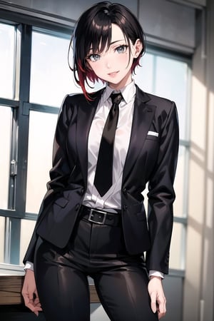 (best quality), (highly detailed), masterpiece, (official art), ruby rose,  lips, smile, necktie,  black jacket,(black suit), open suit, long sleeves, shirt tucked in,looking at viewer, shirt, black necktie, white shirt, medium breasts,window, formal, office lady,pants, black pants, black belt, business suit, suit,  (intricately detailed, hyperdetailed), blurry background,depth of field, best quality, masterpiece, intricate details, tonemapping, sharp focus, hyper detailed, trending on Artstation,1 girl, solo,high res,official art