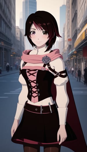 score_9, score_8_up, score_7_up, intricate details, ruby rose, short hair,  brown hair, brown eyes, pink hair, multicolored hair, pink eyes, two-tone hair, heterochromia, split-color hair,, evil smile,,dress, pantyhose, cape, corset, belt cityscape, street, bent over, smile, looking at viewer, solo, cowboy shot, dutch angle