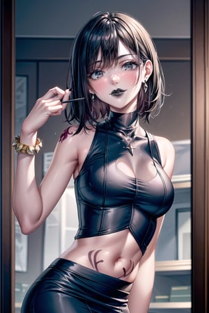 ((best quality)),  ((highly detailed)),  masterpiece,  ((official art)), (RaeTaylor, earrings, jewelry) , leather choker, RockOfSuccubus, (lips:1.2), (black lips:1.4), black nails, (( arms_at_sides:1.2, hand_on_own_hip, head_tilt)),  (pubic tattoo:1.3), navel, midriff, sleeveless, bare shoulders, figure, turtleneck, ((black shirt)), (black pencil skirt), (office), lady office, , building, bracelet, parted lips, indoors, intricately detailed, hyperdetailed, blurry background, depth of field, best quality, masterpiece, intricate details, tonemapping, sharp focus, hyper detailed, trending on Artstation, 1 girl, high res, official art