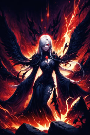 Elizabeth, white hair,hair_over_eye ,lips, ruler of hell, black wings,darkness wings,wings,demon wings,stands as a malevolent dictator, her long hair flowing like darkness itself, gradient from white to dark, framing her cold gaze. Her elaborate gown, adorned with sinister symbols and glowing red accents, reflects her dominance and cruelty. The background features a hellish landscape: rivers of lava, jagged rocks, tormented souls, and dark clouds with lightning. Eerie, red and black glows illuminate the scene, capturing the dark and oppressive atmosphere of her dominion.,shadow