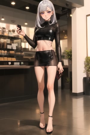 noelle_silva, purple eyes, silver hair, long hair, bang, full body Shot of a stunning 15-year-old  businesswoman, posing confidently in a Japanese coffee shop. She's wearing a black mini skirt and crop top, showcasing her thin waist and showing belly, and long blonde hair that cascades down her back like a golden waterfall. Her gray eyes sparkle with intelligence as she discusses business matters. The morning light streaming through the window highlights her porcelain skin texture, complete with visible pores. A luxurious wallet hangs elegantly from her hand, while her long wavy hair frames her face under the warm glow of a golden pin light. The vibrant feminine color palette is amplified by increased saturation, giving the image a photorealistic quality.,Longsleeve Mesh Dress,Hyper detailed muscle