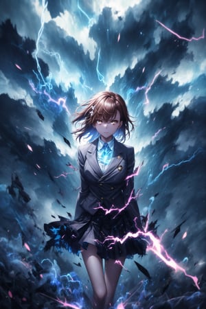 1girl, mikoto_misaka, short hair, brown hair, brown eyes, school_uniform, skirt, electricity, electric_charge, lightning_bolt, standing, side_view, arms extended, charging energy, fierce expression, sparks flying, electricity arcing between her hands, huge lightning bolt forming, glowing blue aura around her body, debris floating due to energy, wind blowing her hair and clothes, GFX elements: neon electric currents, glowing sparks, electric streaks in the air, shockwaves, dynamic lighting with high contrast, glowing effects around her body, shattered ground from the impact of power, floating particles, motion blur on the lightning arcs, energy distortions, sharp highlights on electricity, dark stormy clouds,aamikoto