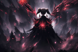 Diane, ruler of hell, stands tall, twintails black hair tied with hair scrunchies cascading down her back. She wears an elaborate gown with sinister symbols and glowing red accents, framing her cold gaze with a crescent face mark and crystal black earrings. A massive spiked mace rests in one hand, reinforcing her dominance over the kingdom. Black demonic armor covers her body, reflecting the ominous red light of her infernal realm. Her large black wings spread wide, casting long shadows over the oppressive scene: rivers of lava flow through jagged rocks, tormented souls writhing along cliffs, and dark clouds pierced by bolts of demonic lightning. The backdrop is a hellish landscape with red and black glowing effects, eerie light rays, and sparks of energy creating a surreal and chaotic atmosphere. Digital distortion effects, glitchy bursts of light, and electrical discharges add a modern intensity to this dark and foreboding scene, as if the very fabric of reality is distorted by Diane's malevolent presence.