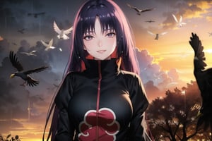 anime, hdr, soft light, ((best quality)), ((masterpiece)), (detailed),  sumire kakei, long hair, purple hair, puple eyes, makeup, head tilt, smile, (lips), (akatsuki outfit:1.1), (puffy_sleeves:1.2), ((juliet_sleeves)),large breast, high neck, high_collar, black dress, long sleeves, looking at viewer, village, (((crows))),sunset, rain, water drop, cloud, nature, ,akatsuki outfit, bird, crow, eagle, black feathers, bird on shoulder, sunset, orange sky, outdoors, fantasy00d,