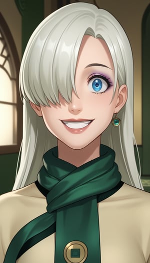 score_9, score_8_up, score_7_up, intricate details,1girl, elizabeth, long hair, white hair,hair over one eye, blue eyes, indoors,joo dee, dress, scarf, hair ornament, grin, smile, lips, joo dee,  full body,long dress, green scarf, beige dress, teeth,makeup,wide-eyes, eyeshadow,