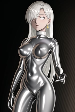 (best quality), (highly detailed), masterpiece, (official art), makeup, elizabeth, long hair, blue eyes, white hair, hair over one eye, single earring,, closed mouth,(graybot:1.2), black bodysuit, (shiny body:1.2), (shiny clothes),latex bodysuit, large breast, looking at viewer,  ,graybot,(whiteeyes),((black background, simple background)),StandingAtAttention,,,<lora:659111690174031528:1.0>
