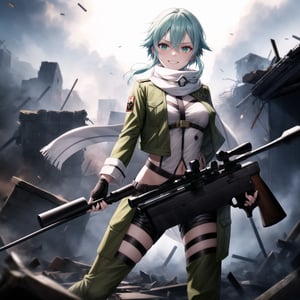 Highly detailed anime illustration of Sinon in the midst of a desolate battlefield, her blue hair whipping in the wind as she fires her sniper rifle with deadly precision. Her sharp aqua eyes, partially obscured by strands of hair, gleam with a twisted joy, and a sadistic smile spreads across her face, reflecting her dark pleasure in the chaos of combat.

sinon1 is dressed in her signature combat outfit: a green cropped jacket open at the front, revealing a white scarf that flutters as she moves. Her black shorts and fingerless gloves are practical for the fight, while her sniper rifle is held firmly, aimed with unwavering focus. The rifle's muzzle flashes brightly, illuminating the battlefield in sharp, cold light.

The surrounding environment is bleak and war-torn, with crumbling structures and a cloudy, dark sky overhead, adding to the tension and intensity of the scene. The ground is littered with debris, evidence of the ongoing conflict. Shadows and light play across her form, emphasizing her role as a hunter in this grim setting.

Despite the devastation around her, Sinon’s sadistic smile and the gleam in her eyes make it clear she relishes the battle, her laughter echoing amidst the destruction. Every shot she takes is precise, her enjoyment of the fight apparent in every detail of her expression and posture.

Key Details:

The sniper rifle is depicted in high detail, with visible muzzle flash and recoil captured mid-shot.
Sinon's expression is the focal point, her sadistic smile and bright, crazed eyes adding a layer of psychological depth.
The battlefield is grim, with dark, moody lighting that contrasts with the bright flashes of gunfire.
Her pose is dynamic, with the rifle held steady as she fires, her body language exuding confidence and delight in the violence.
The overall atmosphere is dark and intense, highlighting Sinon's enjoyment of the chaos and her role as a formidable sniper in the heat of battle.