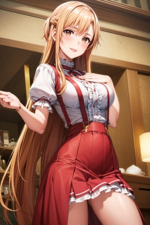 ((best quality)), ((highly detailed)), masterpiece, ((official art)), detailed face, beautiful face, (detailed eyes, deep eyes), seductive posing, (cowboy shot),asuna yuuki, long hair, brown eyes, orange hair, red hair, purple lips:1.2, 1girl, blonde hair, multicolored hair, bangs, one side up, long hair,   hairclip, jewelry, earrings, medium breasts, frills, puffy sleeves, puffy short sleeves, suspenders, frilled skirt, pink skirt, smile, blush, looking at viewer