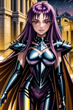 (best quality), (highly detailed), masterpiece, (official art), Saori, long hair, ((purple hair)), ((red eyes)), lips, (( evil smile)),((( black cape, nigth))),  ((black armor, bodysuit, shoulder armor, spikes, pauldrons, black bodysuit )), outdoors, temple, (intricately detailed, hyperdetailed), blurry background,depth of field, best quality, masterpiece, intricate details, tonemapping, sharp focus, hyper detailed, trending on Artstation,1 girl, solo,high res,official art,<lora:659111690174031528:1.0>