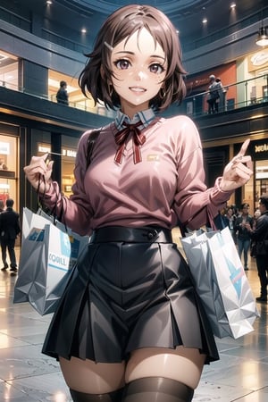 ((best quality)),  ((highly detailed)),  masterpiece,  ((official art)),  detailed face,  beautiful face,  (detailed eyes,  deep eyes),(, shopping_mall,, retail_therapy),  cowboy shot, extravagant shopping spree,  (shopping:1.2),high society,,(lips),(smile,  happy, teeth),rika, brown hair, hair clip, brown eyes, freckles,Black skirt,school uniform,(( pink sweater:1.2)), zettai ryouiki, neck ribbon pleated skirt, black thighhighs,(at sides, looking at sides),hoop earring, curvaceous,  voluptuous body,  medium breast,  (intricately detailed, hyperdetailed), blurry background, depth of field, best quality, masterpiece, intricate details, tonemapping, sharp focus, hyper detailed, trending on Artstation, 1 girl, solo, high res, official art