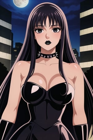 ((best quality)),  ((highly detailed)),  masterpiece,  ((official art)),(Saori Kido, Saori, long hair, black hair:1.3),((black eyes, empty eyes,expressionless,hypnosis)),(((white skin))) ,((makeup,lipstick, black lips:1.2)),absurdres, (spiked collar:1.2),  coyboy shot:1.3, thighhighs, lips,  blush,  (black latex:1.3),  black dress:1.2,  miniskirt  ((bodyconf)),  bare shoulders,  (( strapless)),  large breast,  looking at viewer,  street,  city,  nigth,  moon,  club,  (nigth club),  , hd quality,  perfect face , realistic,  realistic body,  perfect face sync,  , b1mb0,,,black lips