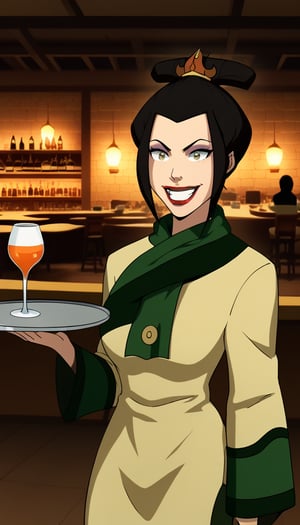 score_9, score_8_up, score_7_up, intricate details,1girl,  closed mouth, lips, long dress, green scarf, beige dress, joo dee,  teeth, smile, grin, makeup, lipstick, meme, wide-eyed, hair ornament:1.3, holding tray:1.2, tray, alcohol, dutch angle, bar, cowboy shot:1.2, bar, table, customers, azula, black hair,makeup, lipstick, eyeshadow, hair ornament