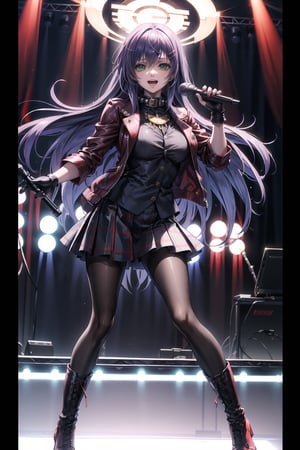 ((best quality)),  ((highly detailed)),  masterpiece,1girl, solo, smile, open mouth, skirt, shirt, hair ornament, gloves,  holding, jacket, stage, pantyhose,  boots, black gloves, hairclip, fingerless gloves, collar, two-tone hair, red hair, black jacket, plaid, black shirt, red skirt, plaid skirt, red footwear, microphone, red nails, spikes, cross-laced footwear, music, leather, holding microphone, singing, leather jacket ,(sasha, long hair, purple hair, green eyes)