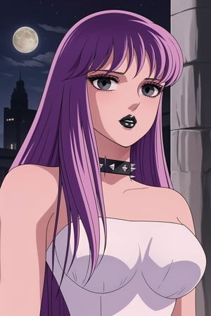 ((best quality)),  ((highly detailed)),  masterpiece,  ((official art)),(Saori Kido, Saori, long hair, purple hair),((black eyes, empty eyes,expressionless,hypnosis)),(((white skin))) ,((makeup,lipstick, black lips:1.2)),absurdres, (spiked collar:1.2), coyboy shot, lips,  blush,  (black latex:1.3),  black dress:1.2,  miniskirt  ((bodyconf)),  bare shoulders,  (( strapless)),  large breast,  looking at viewer,  street,  city,  nigth,  moon,  club,  (nigth club),  , hd quality,  perfect face , realistic,  realistic body,  perfect face sync,  , b1mb0,,,black lips,Saori Kido