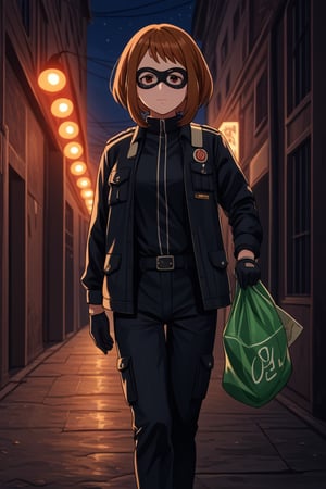 score_9, score_8_up, score_7_up, intricate details,1girl,  Ochako Uraraka, thief outfit, loose black jacket, cargo pants, wearing a domino mask, carrying a large money bag, exiting a bank vault, broken safe in the background, dark gloves, quick getaway, alarm lights flashing, dimly lit scene, red emergency lighting, cautious posture, money spilling from bag, night-time heist, dark alley, tense atmosphere,(ncursioDipDyedHair,red IncursioDipDyedHair