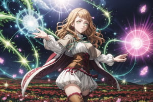 1girl, mimosa_vermillion, orange hair, flowing long hair, green eyes, red earrings, turtleneck sweater, corset, capelet, red cape flowing in the wind, thighhighs, thigh boots, dancing_in_field_of_flowers, flowers_in_motion, magic_blooming_flowers, spinning softly, radiant floral energy surrounding her, daylight, bright field of various colored flowers, glowing petals spinning around her in harmony with the wind, vines with glowing tips rise from the ground, her hands outstretched creating plant-based magic, gentle expression, GFX elements: swirling floral magic, dynamic particle effects, glowing plants, bright sunlight reflecting off petals, lens flare, colorful magical glow around her, shimmering vines and flowers, magic circles forming beneath her, nature magic in full bloom, vivid and lively atmosphere
