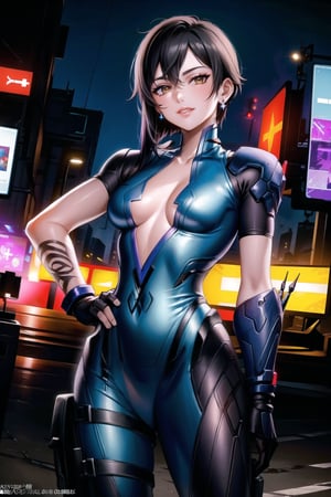 ((best quality)), ((highly detailed)), masterpiece, ((official art)), shino asada, ((black hair:1.2)), short hair,  hair between eyes, hair ribbon, sidelocks, short hair with long locks:1.3, earrings,  (lips), evil smile, hand on hip,cowboy shot, (widowsuit:1.2), black gloves, medium breasts, tattoo, (arm tattoo:1.2) ,(pose:1.3), best quality, masterpiece, intricate details, scenary, outdoors, street, nigth, moon, (cyberpunk:1.2), star_(sky), spacecraft,trending on Artstation,  ,widowsuit,arm tattoo,aayelan