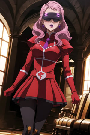 (best quality), (highly detailed), masterpiece, (official art),Vanessa, jewelry, earrings, long hair, pink hair,, mature_female, 1girl, solo, ((head-mounted display)), ((purple lips:1.2)), (team flare:1.2),  gloves,((armor, juliet_sleeves:1.2)), long_sleeves , pleated skirt,  necktie, red dress, belt, red dress, (pantyhose, red footwear1.2), (lips:1.2), ((arms at sides)),, cowboy shot, looking at viewer, indoors, blurry background,depth of field, best quality, masterpiece, intricate details, tonemapping, sharp focus, hyper detailed, trending on Artstation,