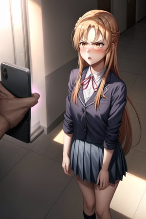  (mind_control:1.2), (beautiful_hands), (perfect_hands),  (backPhone:1.2),1girl, solo, asuna yuuki,  long hair, french braid, orange hair, angry expression, furrowed brows, lips, open mouth, angry, 
,school uniform, standing in hallway, slight blush of frustration, hallway with background students looking over, bright afternoon sunlight, dramatic shadows on floor,b1mb0, looking_at_viewer, looking_at_viewer