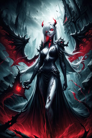 Elizabeth, white hair,hair_over_eye ,lips, ruler of hell, black wings,darkness wings,wings,demon wings,stands as a malevolent dictator, her long hair flowing like darkness itself, gradient from white to dark, framing her cold gaze. Her elaborate gown, adorned with sinister symbols and glowing red accents, reflects her dominance and cruelty. The background features a hellish landscape: rivers of lava, jagged rocks, tormented souls, and dark clouds with lightning. Eerie, red and black glows illuminate the scene, capturing the dark and oppressive atmosphere of her dominion.,shadow