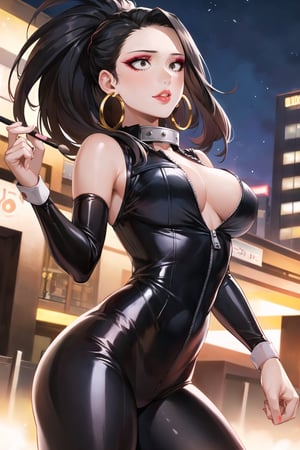 yaoyorozu momo, 1girl, black eyes, black hair, ponytail, long hair, hair pulled back, ,lips, boku no hero academia,  (((hoop earrings,makeup,black bodysuit, unzipped,,latex))),  skin tight, outdoors, city, night, edge lighting,