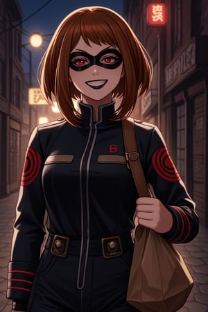 score_9, score_8_up, score_7_up, intricate details,1girl, malicious expression, sadistic grin, villainous attitude,lips, black lips, grin, red eyes, smirk, evil smile,1girl, Ochako Uraraka, black hair with red tips, bank heist, thief outfit, loose black jacket, cargo pants, wearing a domino mask, holding bag of money, holding handgun, gun, handgun, bank robbery, levitating money bags, vault door open, thief outfit, wearing a domino mask, carrying a large money bag, exiting a bank vault, broken safe in the background, dark gloves, quick getaway, alarm lights flashing, dimly lit scene, red emergency lighting, cautious posture, money spilling from bag, night-time heist, dark alley, tense atmosphere,(ncursioDipDyedHair,red IncursioDipDyedHair