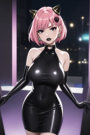 (best quality), (highly detailed), masterpiece, (official art),  ,anya forger:1.3,ahoge, hair ornament,( anya, hair ornament, pink hair, short hair),Earrings,   gem earring:1.2,black_earrings, lips:1.2, black lips:1.4, makeup:1.2, lipstick:1.2,  makeup, black eyes:1.2, ,black collar, black latex dress, black latex elbow gloves, crystal earrings, distant gaze, elbow gloves, female, female only, fetish wear, gloves, hand on butt, hand on knee, only, large breasts, latex, latex dress, latex elbow gloves, latex gloves, light-skinned female, light skin, long dress, solo, solo female,lips, cowboy shot, large breast, looking at viewer, (/nightclub scene, neon lights)), , club, (nigth club), ,hd quality, perfect face ,realistic, realistic body , perfect face sync,night club,StandingAtAttention,marinette,night club,b1mb0, dancing:1.2