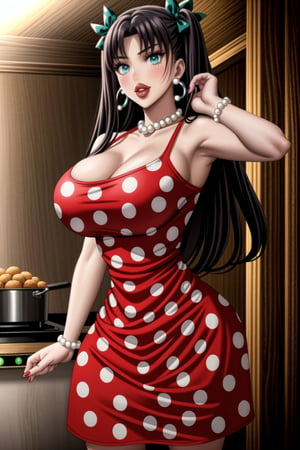 ((best quality)),  ((highly detailed)),  masterpiece,1girl, 1girl,  seductive smile, solo,   (Stepford),lips, makeup, lipstick,red lips, (pose),(polka dot:1.4), (polka dot dress:1.4),(pearl necklace:1.2), pearl bracelet, bare shoulders,(red dress:1.2),aroused, blush ,standing,  (large pearl necklace), (hoop earrings:1.2), looking at viewer, standing, cowboy shot, kitchen, cooking, indoors, house, windows, cortain, food,rin tohsaka, aqua eyes, black hair, hair ribbon, long hair, ribbon, sidelocks, two side up, (parted bangs:1.2),b1mb0,,<lora:659111690174031528:1.0>