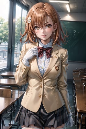 ((best quality)),  ((highly detailed)),  masterpiece,1girl, large breasts, tokiwadai school uniform, red bow, white shirt, collared shirt, blazer, white gloves, long sleeves, plaid skirt, white thighhighs ,1girl, lips:1.2, seductive smile, gyaru ,jewelry, blush, earrings, looking at viewer, standing, cowboy shot, red hair, school, short hair, aamikoto, hair flower,hmmisaki