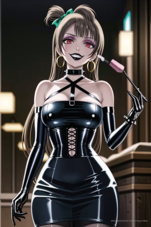 ((best quality)),  ((highly detailed)),  masterpiece,(Black lips:1.4), (white skin:1.4), ((official art)),  detailed face,  beautiful face, (cross-laced clothes:1.3), narrow_waist:1.3, dominatrix:1.4 , (intricate Black dress:1.4), (detailed eyes,  deep eyes),science fiction, cyberpunk:1.3, street, shopping, pose:1.3, smoke:1.3, holding cigarette:1.3, smoking:1.2,((smirk, grin, naughty face, seductive smile, smug)) ,cowboy shot,(lips), minami kotori, long hair,  bangs, hair bow, green bow, (red eyes:1.3),   (spiked bracelet), corset:1.4, (black hoop earring:1.3), curvaceous, voluptuous body, (makeup:1.5) (lips:1.3), (latex:1.3),  (black tube top:1.2), gloves,(elbow gloves:1.2), skirt, black choker, pencil skirt, pantyhose, miniskirt, (black skirt), black gloves, black legwear, black nails,large breasts:1.2, (intricately detailed, hyperdetailed), blurry background, depth of field, best quality, masterpiece, intricate details, tonemapping, sharp focus, hyper detailed, trending on Artstation, 1 girl, solo, high res, official art,RockOfSuccubus,,kotori minami,minami kotori,,<lora:659111690174031528:1.0>