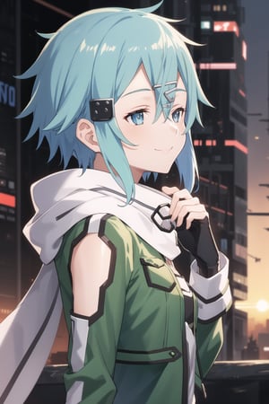 (best quality), (highly detailed), masterpiece, (official art), ((sinon1, cyberpunk, hair ornament, hairclip)), 1girl, upper body, bangs, blue eyes, blue hair, blurry, blurry background, fingerless gloves, green jacket, hair between eyes, hair ornament, hairclip, highres, jacket, long sleeves, outdoors, scarf, short hair, short hair with long locks, sidelocks, sinon, solo, sunset, sword art online, turning head:1.2,(( looking sides, closed partially eyes)), blue eyes, smiling,