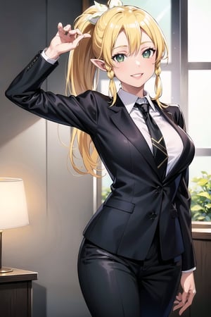 (best quality), (highly detailed), masterpiece, (official art), leafa, pointy ears, long hair, ponytail, braid, blonde hair, lips, smile, necktie,pose,  black jacket,(black suit), open suit,  open jacket,long sleeves, shirt tucked in,looking at viewer, shirt, black necktie, white shirt, medium breasts,window, formal, office lady,pants, black pants, black belt, business suit, suit,  (intricately detailed, hyperdetailed), blurry background,depth of field, best quality, masterpiece, intricate details, tonemapping, sharp focus, hyper detailed, trending on Artstation,1 girl, solo,high res,official art