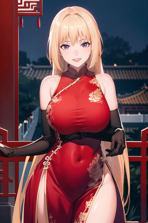 (best quality), (highly detailed), masterpiece, (official art),sumire kakei, posing, red lips, lips, (blonde hair), smile, ((long hair)), ((((chinese dress, revealing dress, red dress:1.2)))), elbow gloves,  latex:1.4, looking at viewer, china, asiática, city, night, sky, (intricately detailed, hyperdetailed), blurry background,depth of field, best quality, masterpiece, intricate details, tonemapping, sharp focus, hyper detailed, trending on Artstation,1 girl, high res, official art,b1mb0,AZ,chinese dress