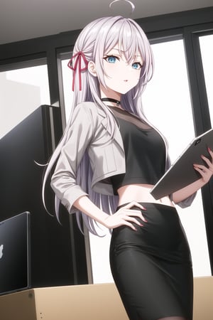 A close-up shot of alya, long hair, grey hair, blue eyes, hair between eyes, hair ribbon, red ribbon, ahoge, standing confidently with one hand on her hip. She is wearing a stylish crop top and a pencil skirt, with a black jacket and a choker. She holds a tablet PC in one hand and is surrounded by modern technology, including a computer monitor and a phone screen. The background features a soft gradient, creating a sleek and modern atmosphere. Her pose is casual, with parted lips, while the overall design emphasizes her intelligent and composed demeanor.