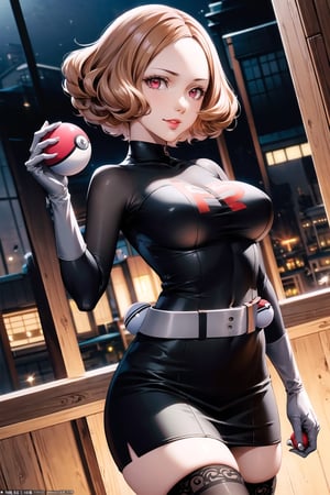 (best quality), (highly detailed), masterpiece, (official art), (dutch angle:1.2),(dsharu, brown hair, short hair), red eyes, lips, ( evil smile), lips, poke ball, poke ball (basic), holding poke ball, Grunt Team Rocket, dress, black dress, long sleeves, gloves, elbow gloves, grey belt,pencil skirt, Black thighhighs , looking at viewer, china, asiática, city, night, sky, (intricately detailed, hyperdetailed), blurry background,depth of field, best quality, masterpiece, intricate details, tonemapping, sharp focus, hyper detailed, trending on Artstation,1 girl, high res, official art