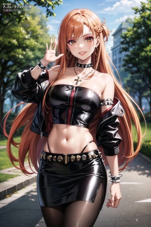(best quality), (highly detailed), masterpiece, (official art), , aaasuna ,brown eyes, long hair, orange hair, (multicolores hair:1.2, red hair:1.2), smirk, grin, smile, (makeup:1.3) (lips:1.3), ((raising_hand:1.2)), ((greeting:1.2)), 
hoop earring, black choker, necklace, (spiked bracelet), fingerless gloves,  black gloves, 
medium breast , (bustier:1.2), (cross-laced clothes:1.2), (latex), (black tube top:1.2), (jacket:1.3), (covered shoulders:1.2),  black leather jacket,
navel, belt, pencil skirt, (black skirt), pantyhose, black legwear, , (park), (tree), standing, (intricately detailed, hyperdetailed), blurry background,depth of field, best quality, masterpiece, intricate details, tonemapping, sharp focus, hyper detailed, trending on Artstation,1 girl, solo,high res,official art