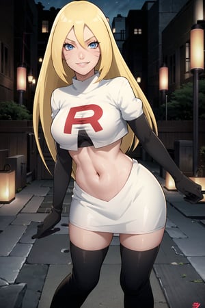 (best quality), (highly detailed), masterpiece, (official art), boruko, facial mark, long hair, blonde hair, blue eyes, posing, lips,( evil smile), Team Rocket, cropped jacket, white jacket, crop top, jacket, gloves, black gloves, elbow gloves, navel, midriff, white skirt, miniskirt, skirt, thighhighs,, looking at viewer, china, asiática, city, night, sky, (intricately detailed, hyperdetailed), blurry background,depth of field, best quality, masterpiece, intricate details, tonemapping, sharp focus, hyper detailed, trending on Artstation,1 girl, high res, official art,