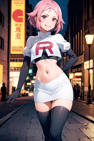 (best quality), (highly detailed), masterpiece, (official art), lisbeth, pink hair, hairclip, freckles, pink eyes, posing, lips, ( evil smile), , Team Rocket, cropped jacket, white jacket, crop top, jacket, gloves, black gloves, elbow gloves, navel, midriff, white skirt, miniskirt, skirt, thighhighs,, looking at viewer, china, asiática, city, night, sky, (intricately detailed, hyperdetailed), blurry background,depth of field, best quality, masterpiece, intricate details, tonemapping, sharp focus, hyper detailed, trending on Artstation,1 girl, high res, official art
