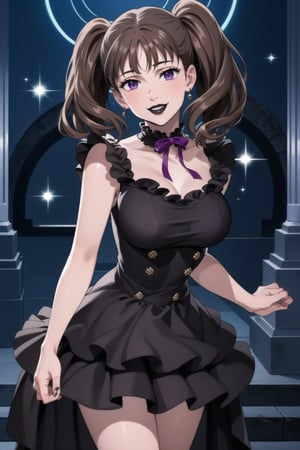 (best quality), (highly detailed), masterpiece, (official art),  diane,twintails, brown hair ,purple eyes, solo, smile, lips:1.2, black lips:1.4, lipstick:1.2, beautiful 1girl wearing a earthy black (idol dress:1.3), gothic idol ,layered skirt, frills, ribbon, bow, sequins, looking at viewer, (state, state ligth, neon lights), ,,hd quality, perfect face ,realistic, realistic body , perfect face sync, StandingAtAttention,,b1mb0,