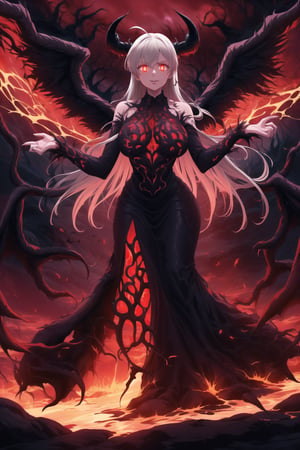 A masterpiece of dark fantasy: elizabeth, malevolent demon, lips curled into an evil smile, long flowing white hair cascading down her back like a fiery waterfall. Her delicate ahoge and intricate black gown billow softly as she floats amidst hell's fiery depths. Black wings spread wide behind her, emitting a darkness-infused light that adds to her ominous presence. Red eyes gleam with malevolent intent as she stands poised, arms outstretched in a violent welcome. Softly glowing fire illuminates her figure, while rays of dark light pierce the heavens above, casting an eerie glow on Rias' demonic form. The hellish landscape before her is bathed in red hues, as if infernal flames are breaking through to create this haunting atmosphere.