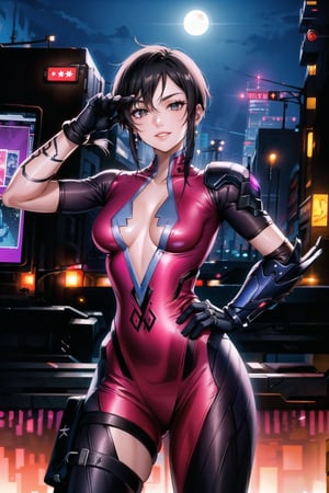 ((best quality)), ((highly detailed)), masterpiece, ((official art)), shino asada, ((black hair:1.2)), short hair,  hair between eyes, hair ribbon, sidelocks, short hair with long locks:1.3, earrings,  (lips), evil smile, hand on hip,cowboy shot, (widowsuit:1.2), black gloves, medium breasts, tattoo, (arm tattoo:1.2) ,(pose:1.3), best quality, masterpiece, intricate details, scenary, outdoors, street, nigth, moon, (cyberpunk:1.2), star_(sky), spacecraft,trending on Artstation,  ,widowsuit,arm tattoo,aayelan