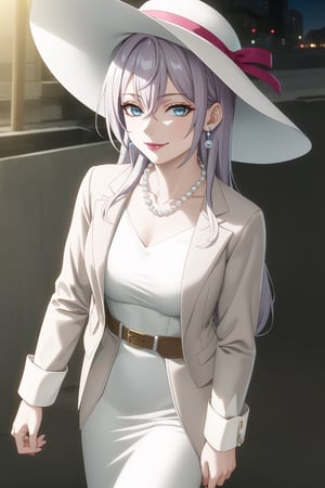 (best quality), (highly detailed), masterpiece, (official art), alya, grey hair, long hair,blue eyes, hair between eyes, lips, lipstick, smile, grin, smirk, makeup:1.3, from above,:1.2, (lips:1.2), parted_lips, blue earrings:1.3,jewelery:1.3, circlet:1.2, ((long sleeves,  dress, ribbon, closed mouth, collarbone, jacket,  belt, white dress,  white headwear, blue suit:1.2, pearl necklace:1.3, cropped suit,  sun hat)), looking at viewer, china, asiática, city, night, sky, 