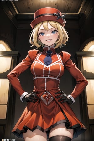 (best quality), (highly detailed), masterpiece, (official art),serena, hat, red hat , short hair, (team flare:1.2), gloves, hand on hip, thighhighs, hat, thigh boots, dress, belt, red dress, lips, grin, smirk, hand on hip, cowboy shot, looking at viewer, indoors, blurry background,depth of field, best quality, masterpiece, intricate details, tonemapping, sharp focus, hyper detailed, trending on Artstation,