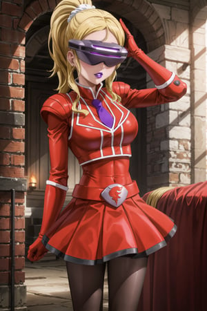 (best quality), (highly detailed), masterpiece, (official art),eri ayase, blonde hair, ponytail, hair_scrunchie, mature_female, 1girl, solo, ((head-mounted display)), ((purple lips:1.2)), (team flare:1.2),  gloves,((armor, juliet_sleeves:1.2)), long_sleeves , pleated skirt,  necktie, red dress, belt, red dress, (pantyhose, red footwear1.2), (lips:1.2), ((arms at sides)),, cowboy shot, looking at viewer, indoors, blurry background,depth of field, best quality, masterpiece, intricate details, tonemapping, sharp focus, hyper detailed, trending on Artstation, salute, 