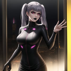 ((Best quality)), masterpiece, realistic illustration of a villainous noelle_silva, silver hair, twintails, blunt bangs:1.2, jewelry. She has glowing pink eyes and red eyes, ,with hoop earrings and black lipstick. Realistic illustration of a villainous ,neon ligth,black supersuit,  cyberpunk,dancing, dance, red eyes, black lipstick, hoop earring, neon suit, high quality, realism, detailed, city lights casting dramatic shadows, fierce and intense gaze, sleek design, professional, atmospheric lighting, villainous twist, ultra realistic, cinematic, octane render, photo realistic, detailed, hyper realism, with neon city lights casting dramatic shadows through the windows, creating an atmospheric lighting. 
The cityscape outside is detailed, with glowing signs and bustling streets. Her fierce and intense gaze, combined with the sleek design of her outfit, gives her a professional yet villainous twist. The scene is ultra-realistic, cinematic, with octane render and photo-realistic details, capturing the essence of hyper realism.,b1mb0,makeup,