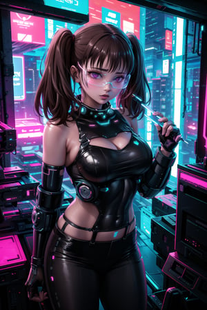 masterpiece,best quality,highres,ultra-detailed,diane, ((twintails)), purple eyes, brown hair, bangs,  ((hacker)), ,fishnets ,computer, monitor, wive, cable,(( cyberpunk)), indoors, neon nigth, ((Cyborg)), ((star wars)), chip, cyberpunk, collar, confident and curious gaze, futuristic cyberpunk hacker attire, high-tech bodysuit with glowing circuitry patterns, standing,fingerless gloves and augmented reality glasses, underground hacker den, surrounded by screens displaying code and data, typing rapidly on a holographic keyboard, exuding intelligence and tech-savviness, cyberpunk and gritty atmosphere, dark color palette with neon highlights,((cyberpunk glasses)), 
