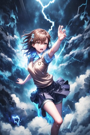 1girl, mikoto_misaka, short hair, brown hair, brown eyes, school_uniform, skirt, electricity, electric_discharge, standing, arms stretched forward, charging_attack, intense focused gaze, glowing electric energy in hands, electricity surging from fingertips, powerful shockwave forming, energy pulsing outward, GFX elements: electric aura, lightning strikes illuminating scene, neon blue electric arcs, charged particles suspended in the air, shattered ground below, glowing blue symbols floating in the air, sparks flying outwards, high-contrast lighting, intense blue flares, glowing mist around, lens flare effects from electricity, glowing circuits running through the air, cinematic energy pulse,aamikoto, hair flower, white shirt, sweater vest, short sleeves, grey skirt, shorts under skirt